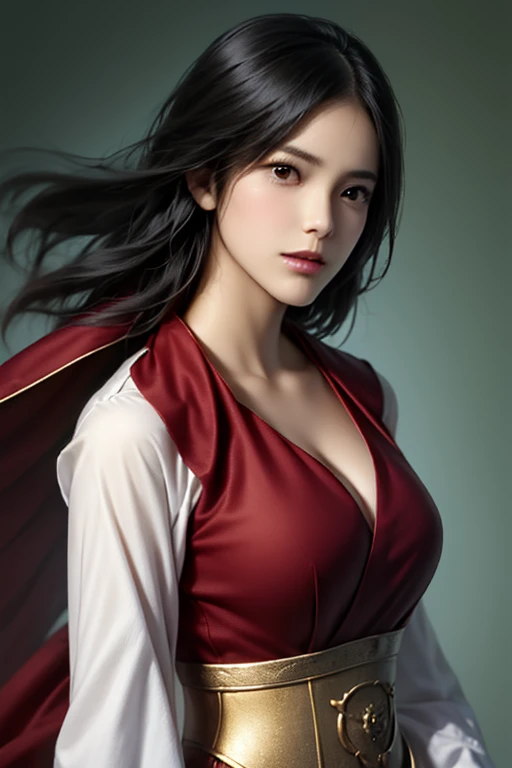 ((The upper body of a female warrior wearing gold and red armor and a cloak:1.4)),1 person,  black hair,  belly shortcut   ,Big breasts and cleavage,  high-definition face and skin texture  ,  staring at the camera,   Chinese Warrior:1.2,  perfect beauty: ...