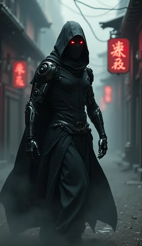 A photorealistic cyber ninja clad in a sleek, black futuristic shinobi outfit with mechanical limbs,
emerging from dense, swirling ink-like shadows. 
He has red glowing eyes and a face mask partially revealing cybernetics, 
under moody cinematic lighting i...