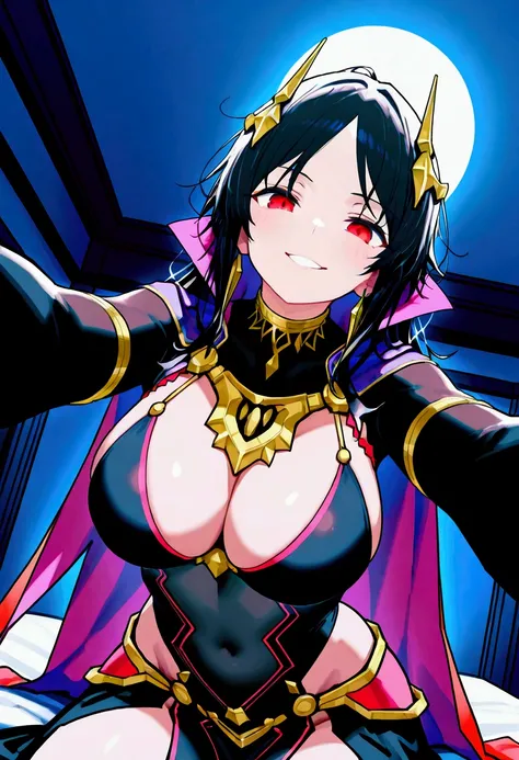 score_9, score_8_up, score_7_up, score_6_up, source_anime BREAK 1girl, RobinRearm, official alternate costume, very long black messy hair, red eyes, hair ornament, black bodysuit, big large breasts, bridal gautlets, cape, covered navel, pelvic curtain, par...