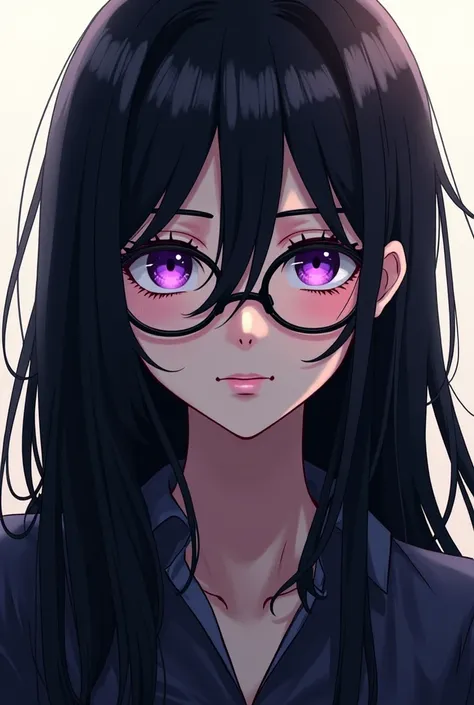 Create an image of a woman, long hair, black, purple eyes, wearing glasses, as an anime, lines, Jujutsu kaisan 