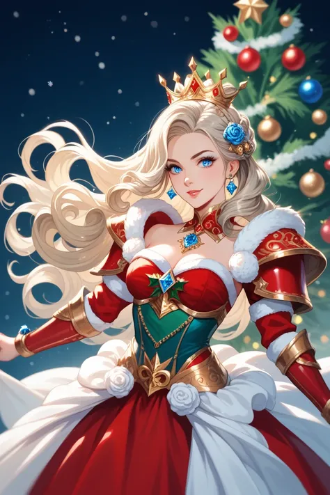 A fantasy-style queen with long curly platinum blonde hair, wearing a golden crown adorned with red and blue jewels. She has an elegant and festive appearance, dressed in a vibrant gown featuring blue, red, and gold colors with intricate decorations such a...