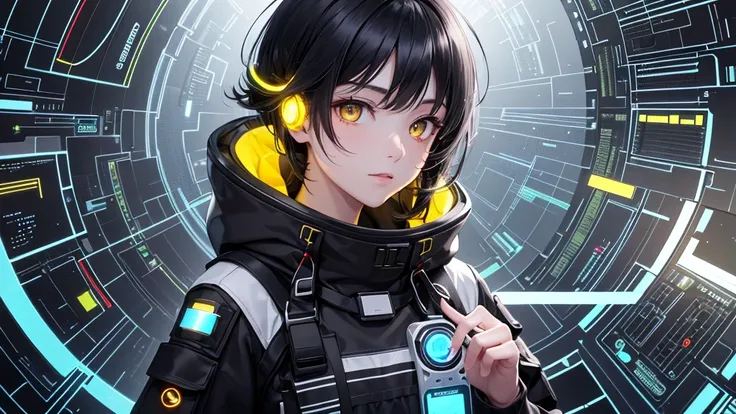 from future intelligence, technology background, complex mystery, unexpected variables, sudden result, strange things, transient waves, light fog, colorful signals, confident look, space black pioneer dress, yellow eyes, black hair