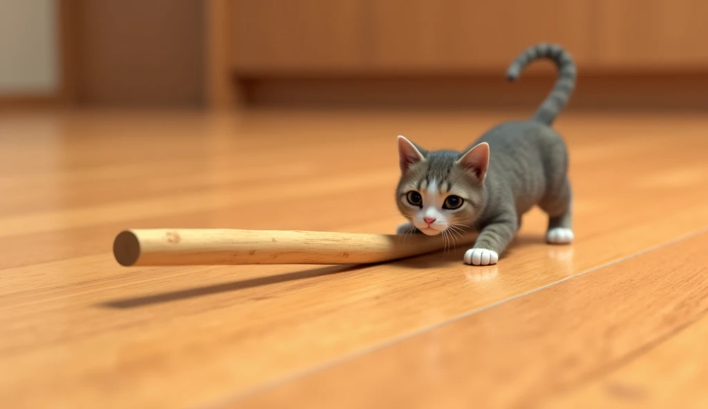 "A small wooden stick placed on the floor, ready to trip the cat."