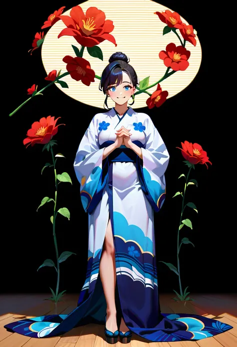 masterpiece, best quality, perfect lighting, high resolution, detailed face, 1 girl, black hair, complex hair bun, hair tendrils, blue eyes, nervous smile, white kimono, red flower patterns, blue patterns, medium breasts, big ass, hands together pose, stan...