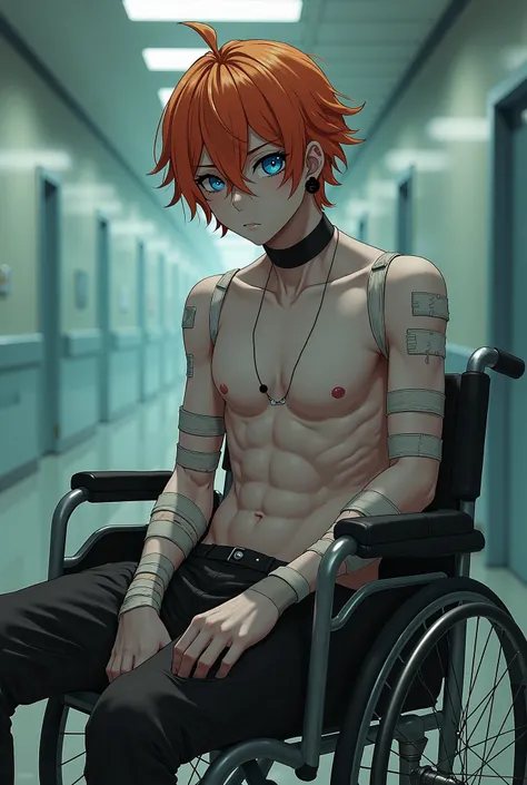 Prompts
A sexy anime boy,  sitting in a wheelchair in an abandoned hospital apocalypse. beautiful face, ,  anime orange hair with fringed butt .  White skin with blue eyes .  Bandages all over the body ,  dog collar around the neck. Strapped bdsm ,  arms o...