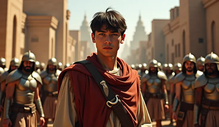  a fair-skinned young man , dark hair and determined eyes ,  wearing noble costumes from the Old Testament era,  is taken prisoner by Babylonian soldiers ,  with the great city of Babylon in the background ,  including hanging gardens and large gates .