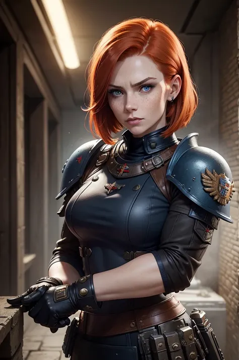 Robust adult woman, natural redhead with pixie cut style , dark blue eyes,  face with freckles, strong and fearless, ear piercing, wearing army uniform, Warhammer 40K Imperial Guard, wears black gloves on both hands, face of a serious and respected woman