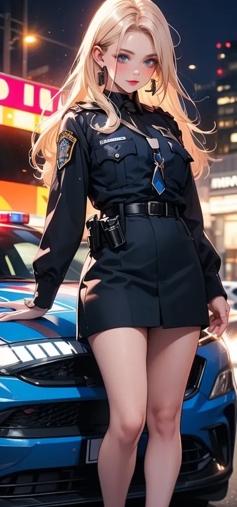  High definition , better quality ,  Highly detailed , HD model,  high quality , full frame,full length , Full-length girl , long hair ,  blond hair , hair, Breasts, earrings,  blue eyes , makeup, Light blush, scarlet lips, Police uniform , Posing in front...