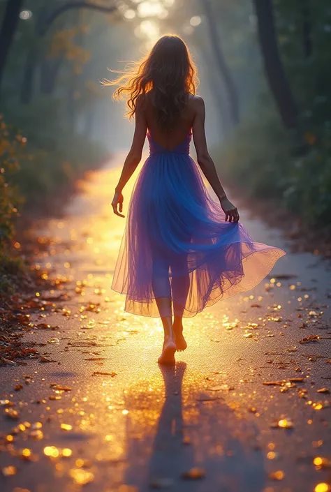 Barefoot woman in blue and purple dress walking on a road full of gold and glitter 