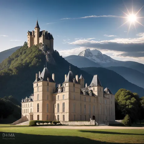 Un château fantastique au sommet dune montagne majestueuse,"gigantic montain",water around the montain, le rocher monaco,(meilleure qualité,4K,8K,haute résolution,chef-dœuvre:1.2),ultra-détaillé,(réaliste,photoréaliste,photo-réaliste:1.37),paysage médiéval...