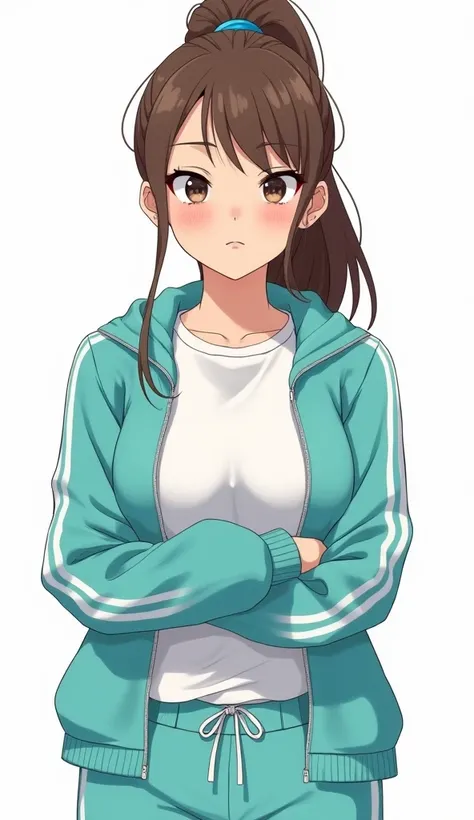 аниме — full body, image of an 18 year old girl , Beautiful Body,  Big breasts,  digital image ,  girl with brown long hair gathered in a ponytail, bang,  brown eye , illustration,  turquoise tracksuit ,  white t-shirt, frowning expression,  arms crossed o...