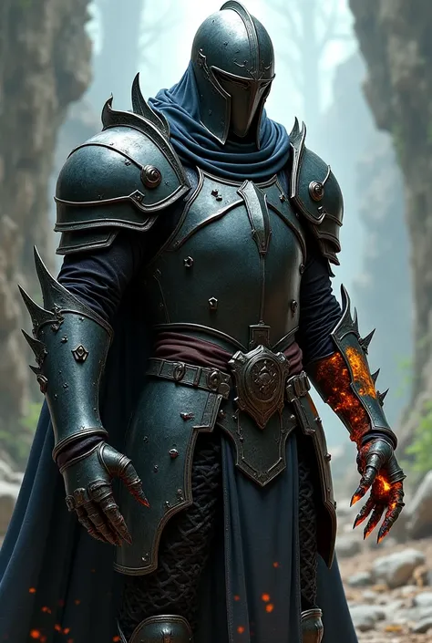 "A medieval warrior in the art style of RPG DnD. He wears full, dark, and intimidating armor, with his face completely hidden by a menacing helmet. One of his arms is unusually large, with organic and glowing textures that contrast against the dark, worn a...