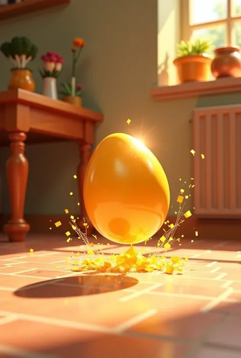 Generate a 1920x1080 preview A cartoon golden egg fell off the table and shattered on the floor