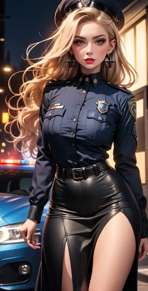  High definition , better quality ,  Highly detailed , HD model,  high quality , full frame,full length , Full-length girl , long hair ,  blond hair , hair, Breasts, earrings,  blue eyes , makeup, Light blush, scarlet lips, Police uniform , Posing in front...