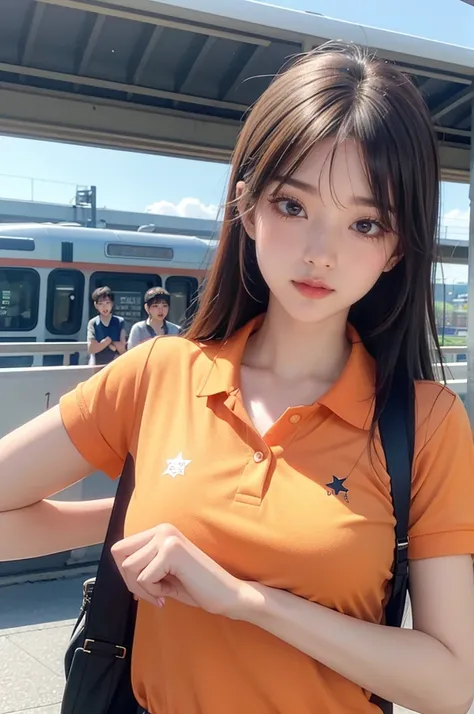  realistic photos  (  1 cute Korean star ) Hair Flip, Light makeup,  Medium breast size , Orange Polo Shirt, At the train station,  Clear Canon EOS camera features, 16K,  high resolution , Sharp, lifelike details,  Overexposure, Cut ,  Ultra HD,  high reso...