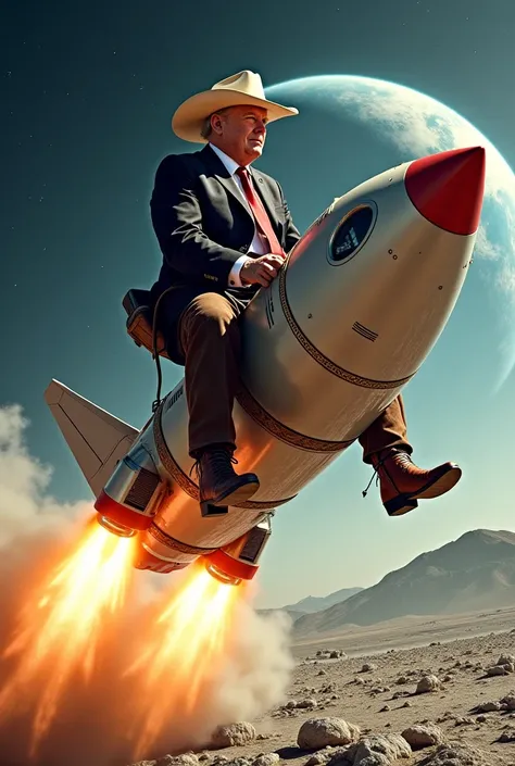 Donald trump riding a roket as acawboy to the moon