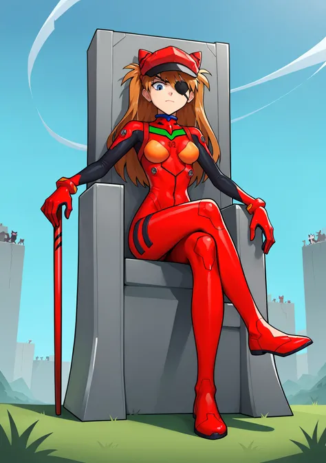 1girl, souryuu asuka langley, neon genesis evangelion, rebuild of evangelion, lance of longinus, cat hat, plugsuit, pilot suit, red bodysuit, sitting, crossed legs, black eye patch, throne, looking down, from bottom, looking at viewer, outdoors, masterpiec...