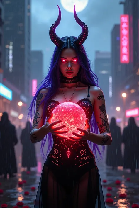 "An ultra-realistic cyberpunk fantasy portrait of a stunning gothic witch-demoness, radiating immense power as she controls her coven through futuristic sorcery. Her long black hair, streaked with neon blue and purple highlights, cascades over her shoulder...