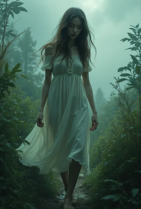 Storyline wallpaper of beautiful girl wearing loose off-dress, long messy hair, walking aimlessly. Depressed and gloomy in the nature alone, careless and she is merged into one with nature, a lot is happening, the picture combines into a story