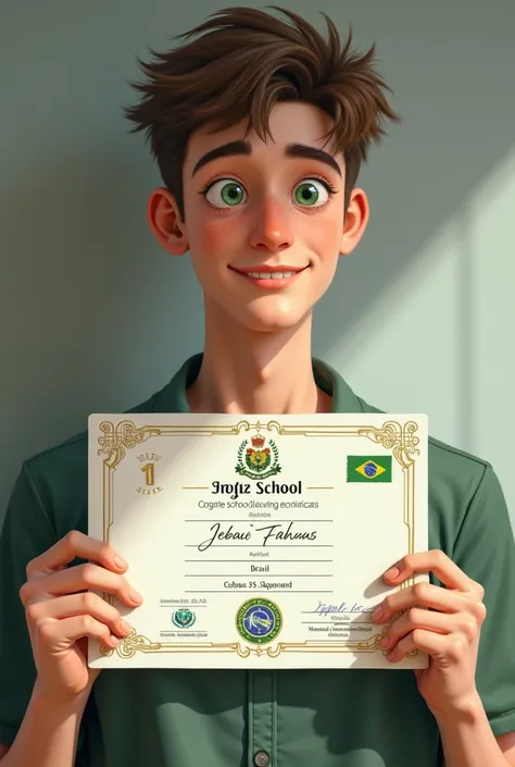 Light-skinned, green-eyed man holding a high school leaving certificate from Brazil 