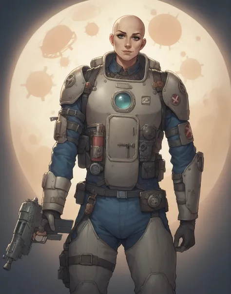 futuristic background, space, holding futuristic gun, steampunk, astronaut, dark, dark theme, strong character, woman, barren world in background, barren planet, slight smile, character, female, bald, strong, scifi building in background, muscle, future ar...