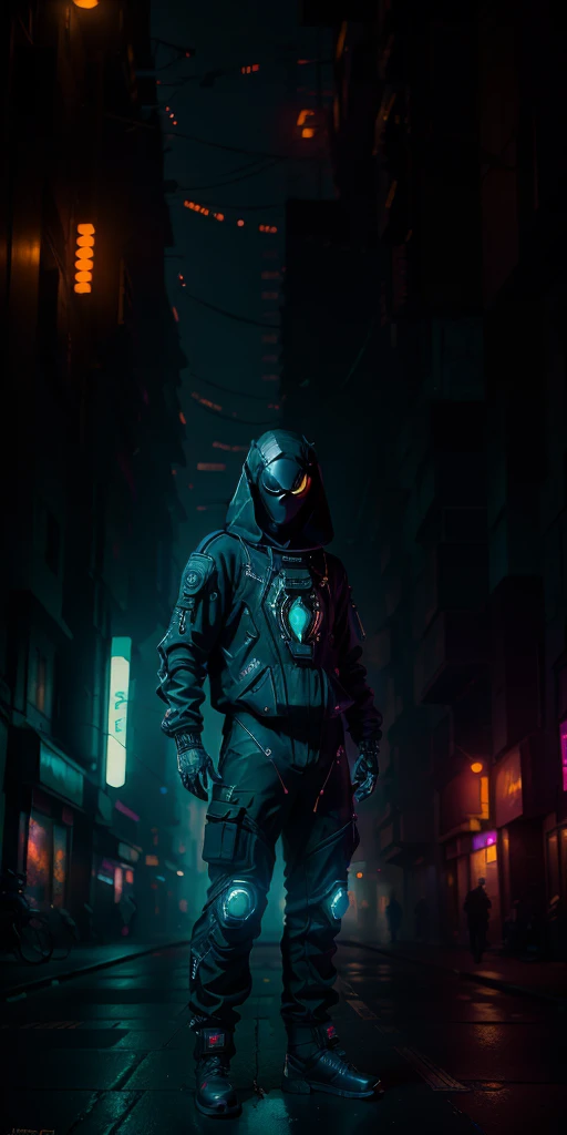 (masterpiece, full body shot, intricate raw photography) Cyberpunk citizen the spiderman in astronaut suit, comfortable oversize black hoodie, black cargo pants, black clothes, dark, wearing a black helmet hitech style Astronaut, intricate, futuristic, adv...