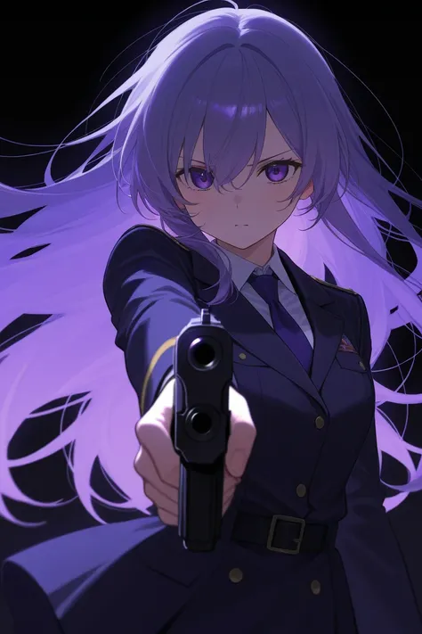 scene depicting a ghost that is being shot by a gun in an alleyway at night, purple blue black background,