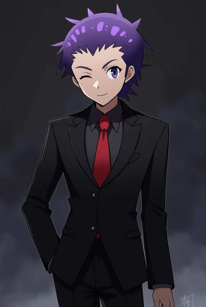 Character James from Team Rocket, dressed in a black suit and a red tie,  winking seductively