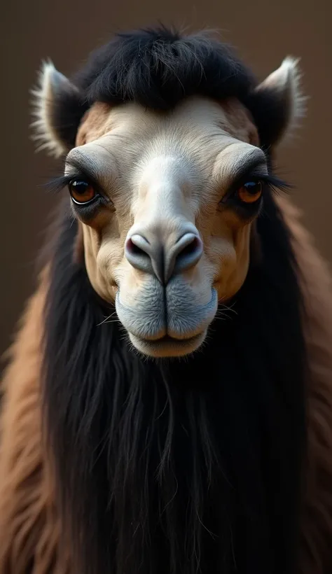 Close-up face image of a sexy camel with long straight black hair, long lashes, sexy and penetrating look, 9:16