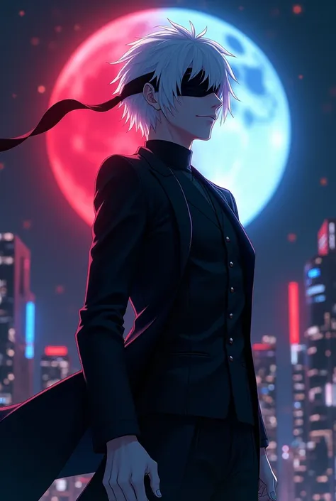 1boy, full body shot, perfect hand and fingers, satoru gojo, blindfold, black outfit, white hair, look at sky, smirk, red and blue moon city night background, wallpaper, cinematic,High resolution 8K, Bright light illumination, lens flare, sharpness, master...