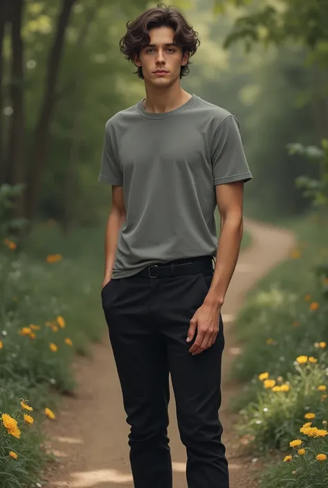 A guy with Gray t-shirt,black waivy hair,Brown Eyes,black trousers,black socks and no Shoes