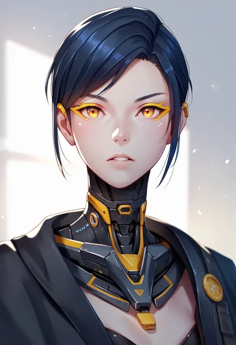 One woman, mature, anime, female anime character, amber eyes, yellow eyeliner, expressionless, biomech, biomechanical, black hair, sharp face,artificial skin, black slim mechanical body frame, small chest, black cloak, mechanical neck, detailed anime chara...