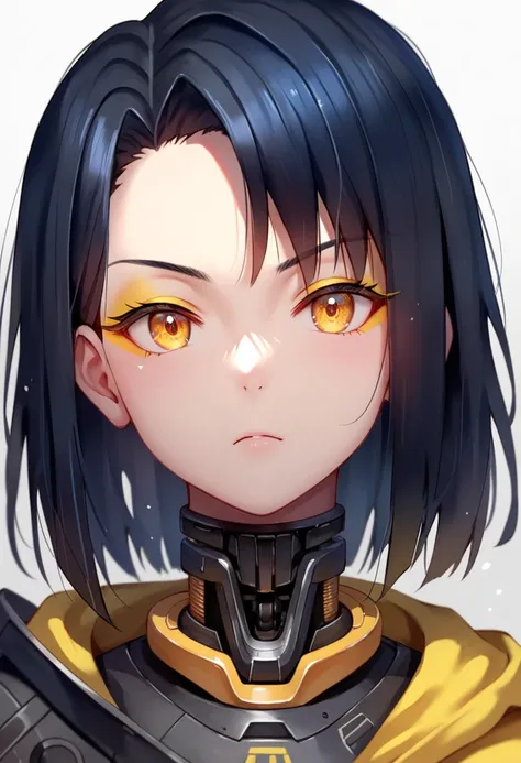 One woman, mature, anime, female anime character, amber eyes, yellow eyeliner, expressionless, biomech, biomechanical, black hair, sharp face,artificial skin, black slim mechanical body frame, small chest, black cloak, mechanical neck, detailed anime chara...