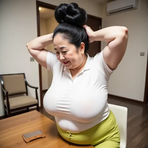 8k,Highest quality, masterpiece, Ultra-high resolution,(masterpiece:1.6, Highest quality), Intricate details, 1 female,Middle-aged woman in her 50s, japanese, full body, from side,  ((arms behind head, head tilt:1.3)),top of head, ((A gigantic low hair bun...