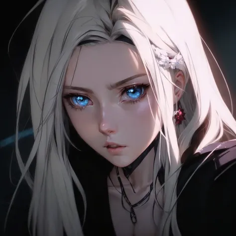 anime girl with long white hair and blue eyes, looking at the camera,  blonde anime girl with long hair,  ilya kuvshinov with long hair ,  anime visual of a young woman , female anime character,  stunning anime face portrait ,  detailed portrait of an anim...