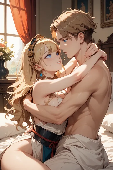 a girl, blue eyes, long blonde hair and french bangs, wearing ancient costume ,light bare, lay in the bed,hug the man.The girl shorter than the boy,Her breasts bounced.The boy brown hair