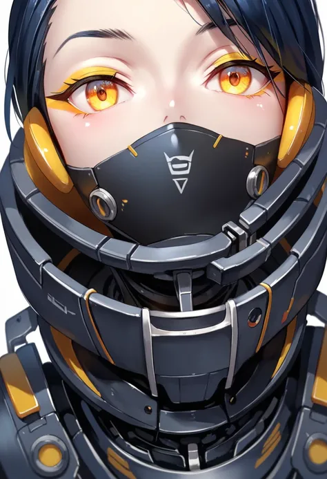 One woman, mature, anime, female anime character, amber eyes, yellow eyeliner, expressionless, biomech, biomechanical, black hair, sharp face,artificial skin, black slim mechanical body frame, small chest, black cloak, mechanical neck, detailed anime chara...