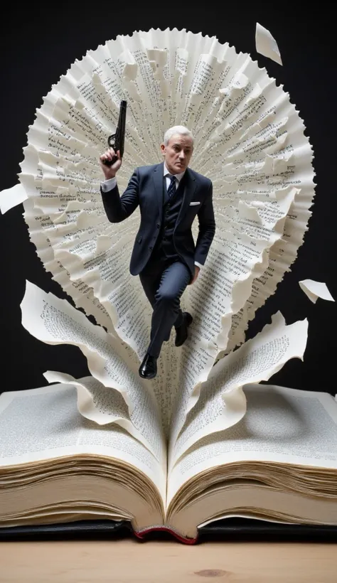 (best quality, 128k,highres,masterpiece:1.2),ultra-detailed,(realistic,photorealistic,photo-realistic:1.37), ((masterpiece)) ((photography)) ((Highest quality))  A hyper-realistic sculpture of a man in a suit, entirely crafted from folded and shaped pages ...