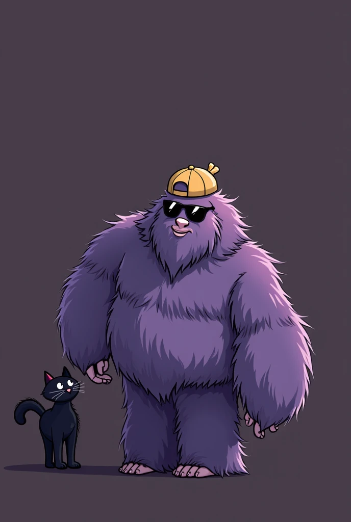 Ultra-minimalist illustration in sketch style with loose, simple lines and flat colors. Depict a Bigfoot-inspired character with violet fur, wearing a puffy jacket, sunglasses, and a yellow cap. The character is interacting with a black cat, as if having a...