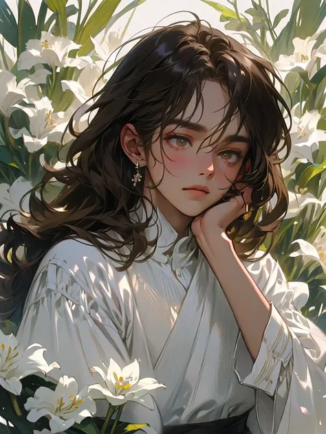 A handsome man with soft, wavy brown hair flowing past his shoulders, wearing a stylish, off-white shirt with puffed sleeves. The setting is surrounded by blooming white lilies under soft sunlight, creating an ethereal and serene atmosphere. The man has sh...