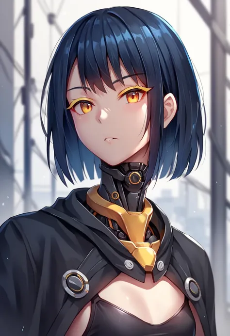 One woman, mature, anime, female anime character, amber eyes, yellow eyeliner, expressionless, biomech, biomechanical, black hair, sharp face,artificial skin, black slim mechanical body frame, small chest, black cloak, mechanical neck, detailed anime chara...