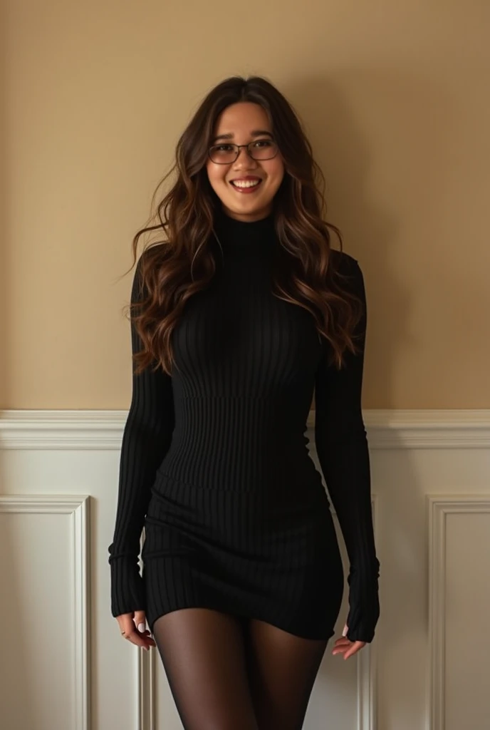 photo of a beautiful smiling brunette girl  sweater,, sexy tight  skirt,  short skirt black tights black pantyhose posing on fours hands on florę kneeling on one tempting seductive smiling curvy hourglass figure, oppai proportion, heavy exaggerated proport...