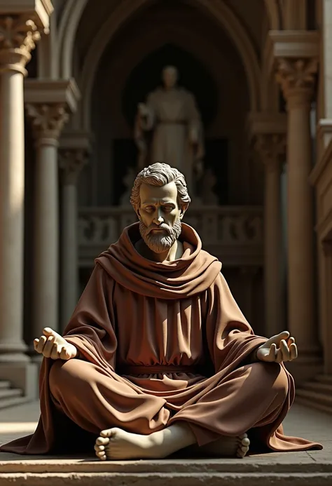 a statue of saint francis of assisi wearing a brown franciscan robe sitting in the lotus position meditating, highly detailed, photorealistic, cathedral interior background, intricate details, dramatic lighting, cinematic composition, warm color tones, ren...