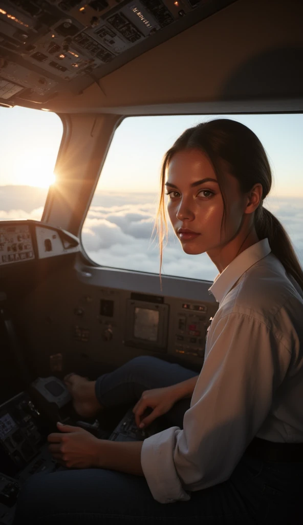 A hyper-realistic image of a young woman sitting confidently in the cockpit of an airplane, her hands gently resting on the controls as she focuses on piloting. She has a determined and calm expression, illuminated by the soft glow of the cockpit’s instrum...