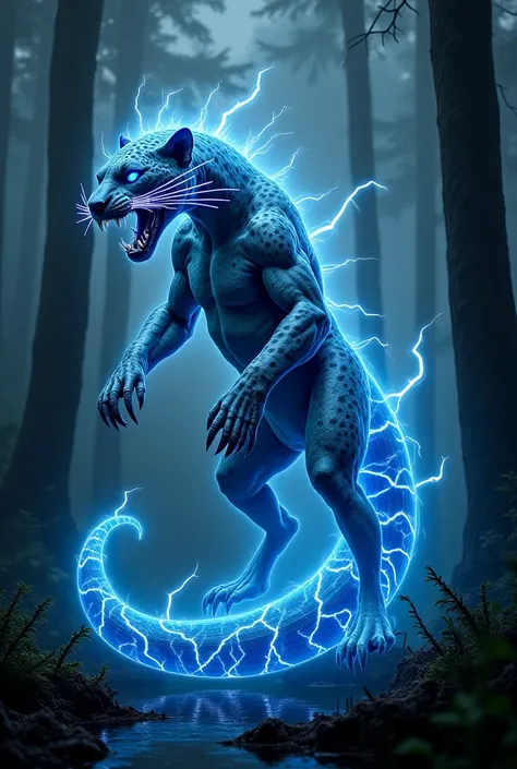  image depicts a hybrid creature that combines features of a leopard and an electric eel,  creating an imposing and supernatural figure . Its muscular and agile body displays the patchy patterns characteristic of an eel the,  but with a bluish glow that pu...