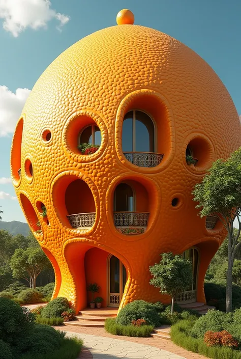 A highly detailed, hyperrealistic, 16k resolution image of an orange-shaped building with intricate architectural details, masterfully rendered with a photorealistic style, vibrant colors, and exceptional clarity.