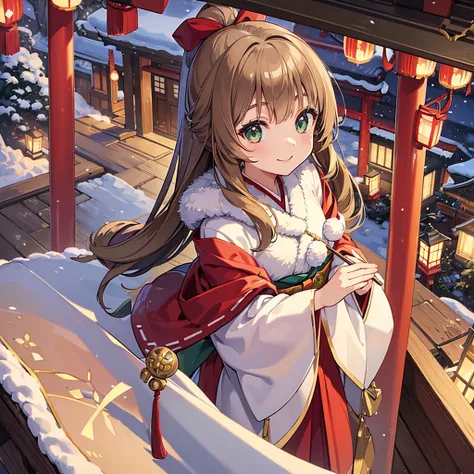 ((masterpiece)), ((best quality)), (ultra-detailed), Japanese shrine, winter sky, snow effect, light brown hair, dark green eyes, jewel-like eyes, smile, Kimono, girl, solo, flat chest, slim figure, perfect anatomy