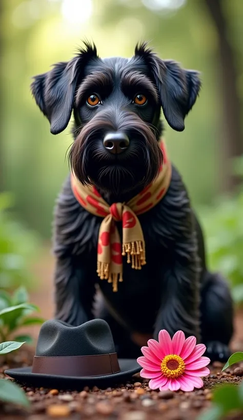  A Black Russian Terrier brought something curious: a hat, a flower, a scarf.