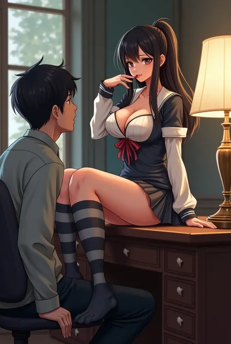 old mans and The japanese girl is sitting on a desk, her legs playfully dangling off the side. Her uniform consists of a very short skirt and a low-cut top that highlights her cleavage. She bites her lip flirtatiously, with a mischievous glint in her eyes,...