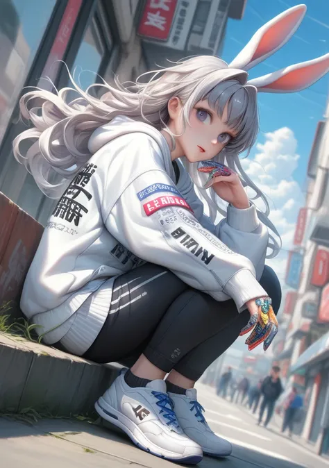 masterpiece, best quality, amazing quality, very aesthetic, absurdres, newest,clothes writing,dragon_embroidered,from side,69yotte4_style,1girl,solo,pale skin,long hair,detailed hands,harajuku rabbit ear jacket,cross rabbit ears, hoodie, hood up, rabbit ea...